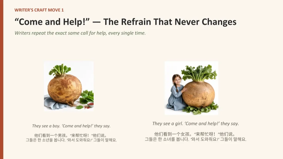Writing Specialist Framework slide: a writer's-craft mini-lesson on repeated refrain, bilingual English/Chinese/Korean